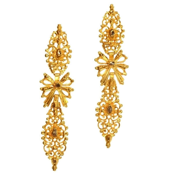 Antique Portuguese long pendent earrings with rose cut diamonds high carat gold